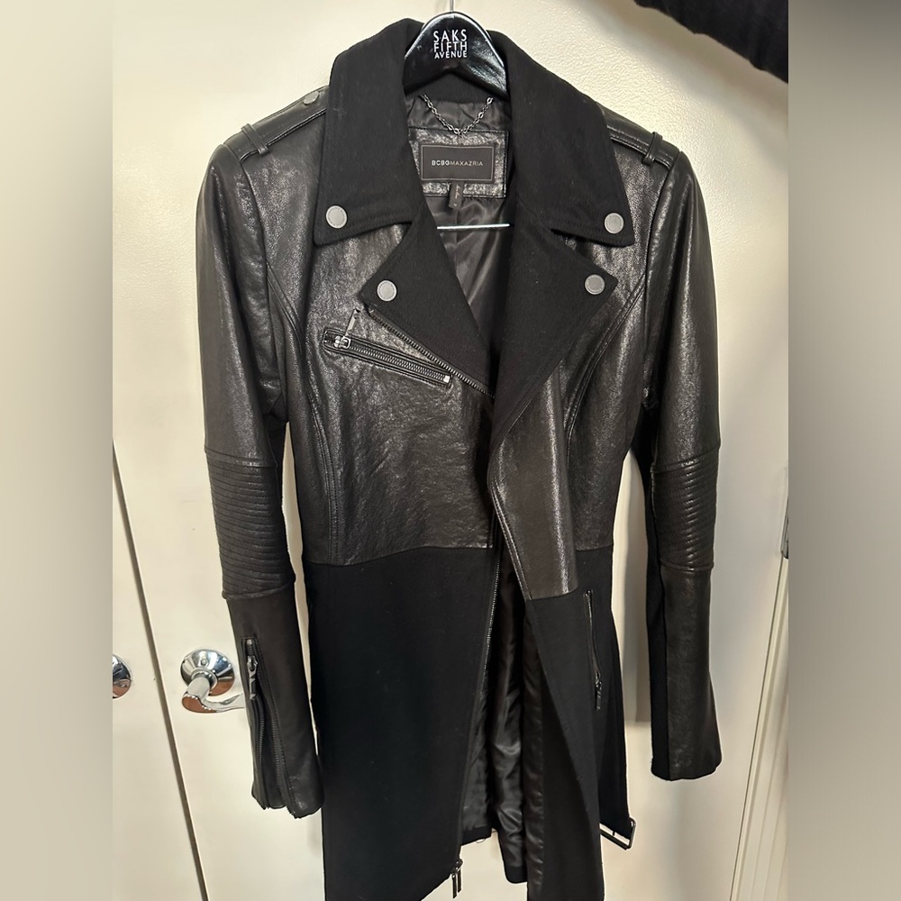 BCBGMaxAzria Black Mixed-Material Leather Moto Coat